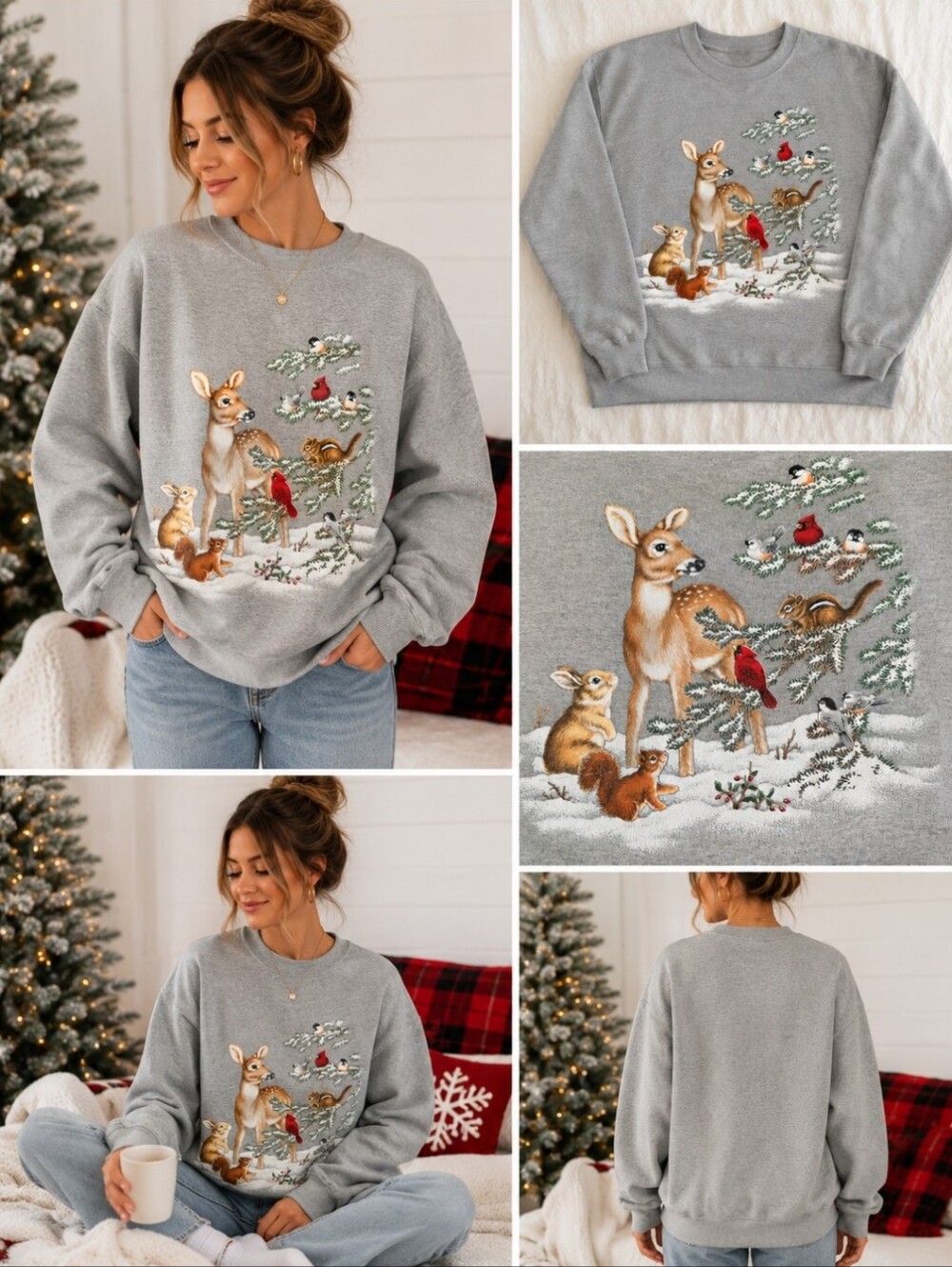 Vintage 1990s Morning Sun Cozy Grey Winter Animal Crewneck Sweatshirt Sizw Large